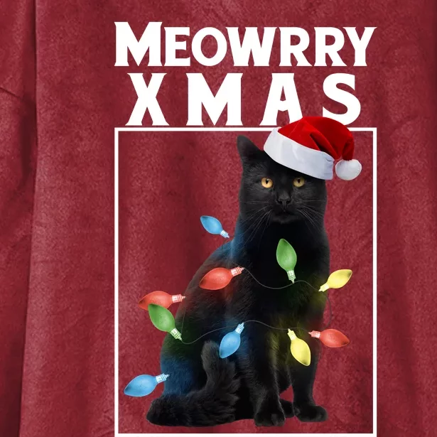 Meowy Christmas Cat With Lights And Santa Hat Hooded Wearable Blanket