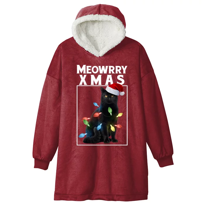 Meowy Christmas Cat With Lights And Santa Hat Hooded Wearable Blanket