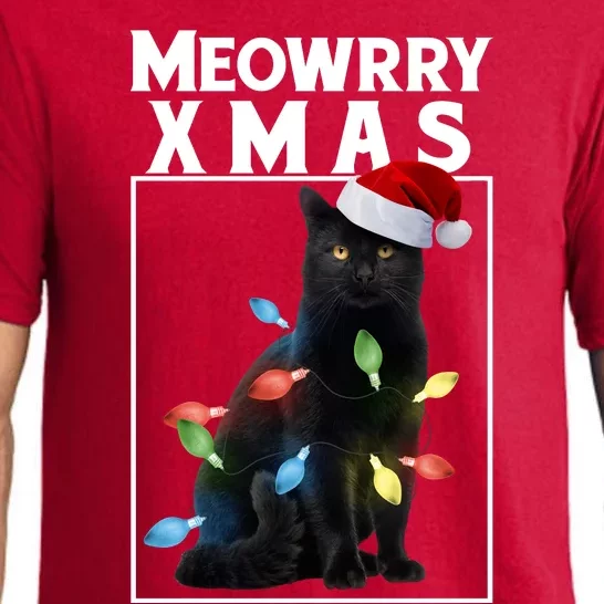 Meowy Christmas Cat With Lights And Santa Hat Pajama Set