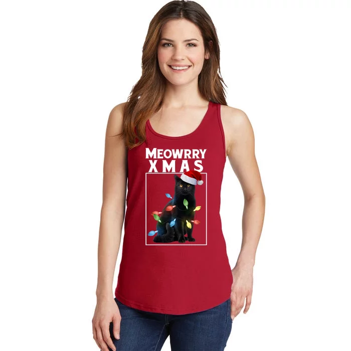 Meowy Christmas Cat With Lights And Santa Hat Ladies Essential Tank