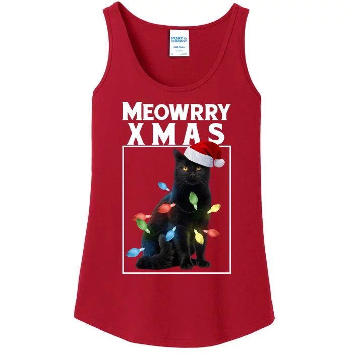 Meowy Christmas Cat With Lights And Santa Hat Ladies Essential Tank