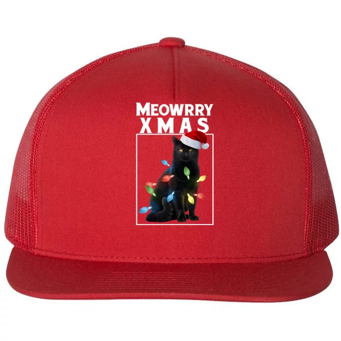 Meowy Christmas Cat With Lights And Santa Hat Flat Bill Trucker Hat