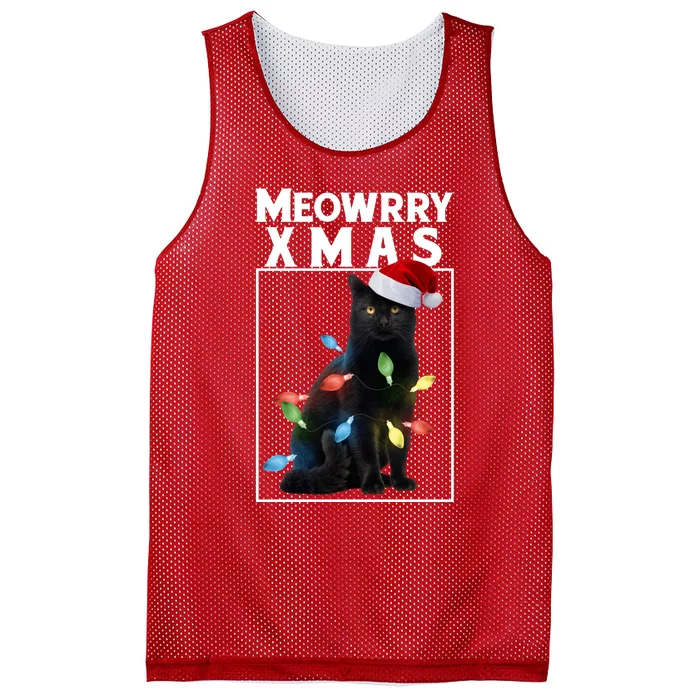 Meowy Christmas Cat With Lights And Santa Hat Mesh Reversible Basketball Jersey Tank