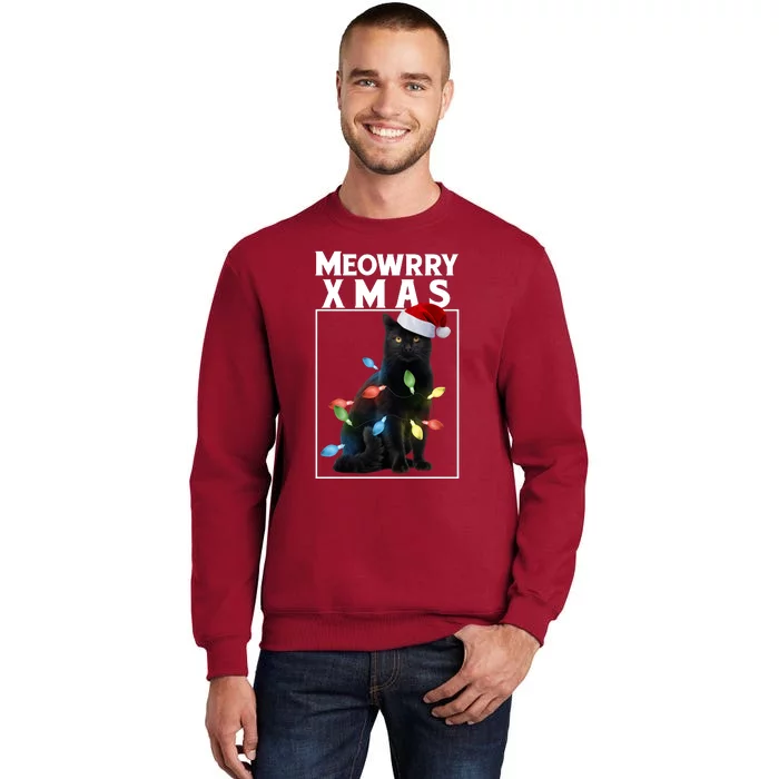 Meowy Christmas Cat With Lights And Santa Hat Tall Sweatshirt