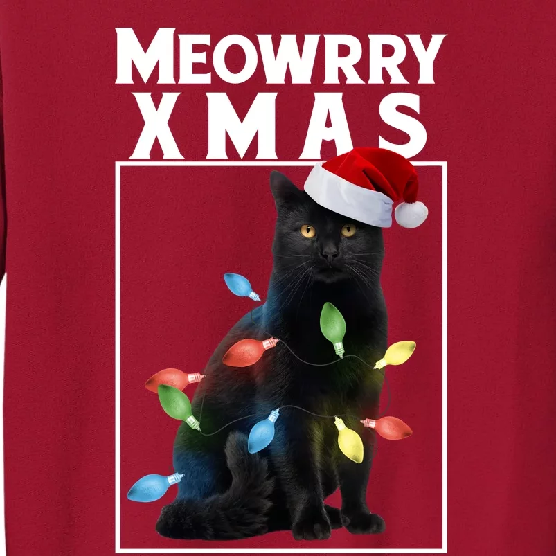 Meowy Christmas Cat With Lights And Santa Hat Tall Sweatshirt