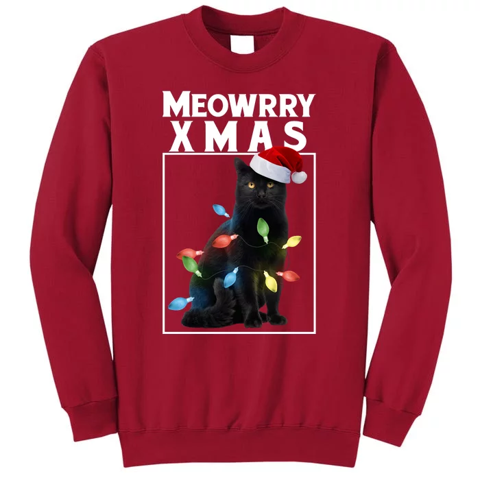 Meowy Christmas Cat With Lights And Santa Hat Tall Sweatshirt