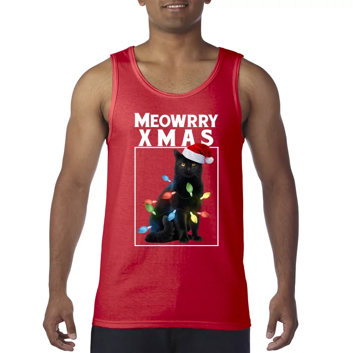 Meowy Christmas Cat With Lights And Santa Hat Tank Top