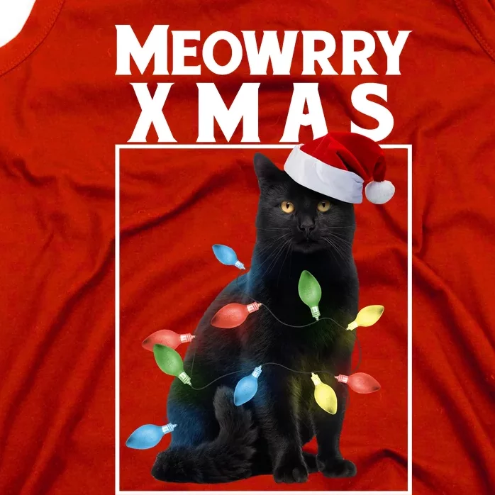 Meowy Christmas Cat With Lights And Santa Hat Tank Top