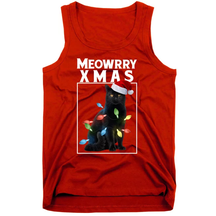 Meowy Christmas Cat With Lights And Santa Hat Tank Top