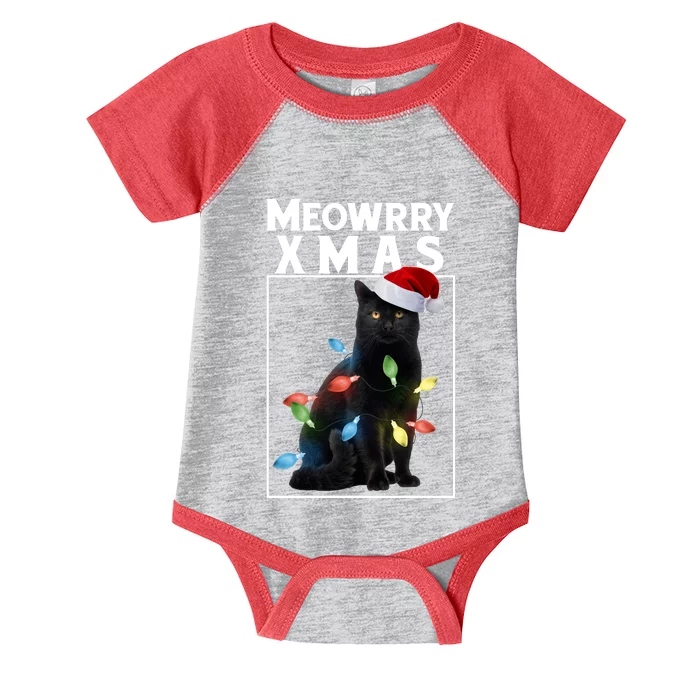 Meowy Christmas Cat With Lights And Santa Hat Infant Baby Jersey Bodysuit