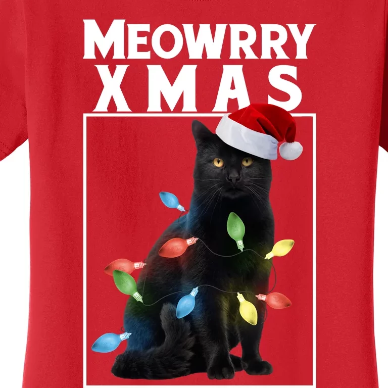 Meowy Christmas Cat With Lights And Santa Hat Women's T-Shirt