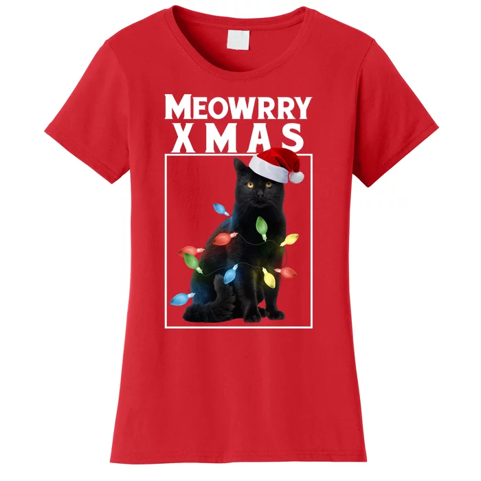 Meowy Christmas Cat With Lights And Santa Hat Women's T-Shirt