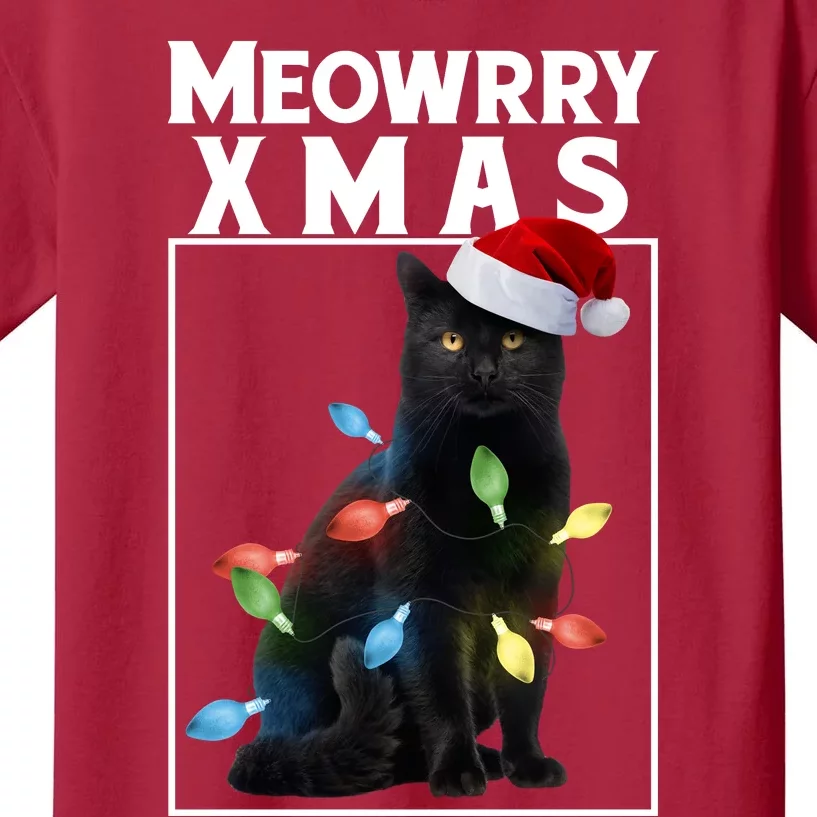 Meowy Christmas Cat With Lights And Santa Hat Kids T-Shirt