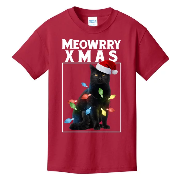 Meowy Christmas Cat With Lights And Santa Hat Kids T-Shirt