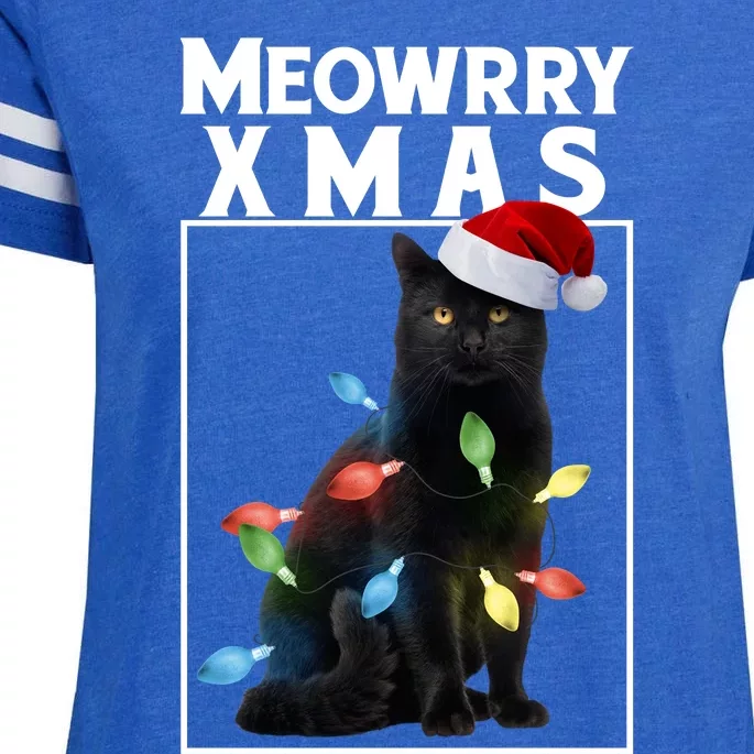 Meowy Christmas Cat With Lights And Santa Hat Enza Ladies Jersey Football T-Shirt