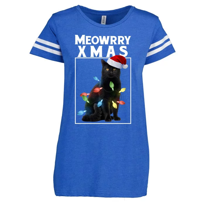 Meowy Christmas Cat With Lights And Santa Hat Enza Ladies Jersey Football T-Shirt