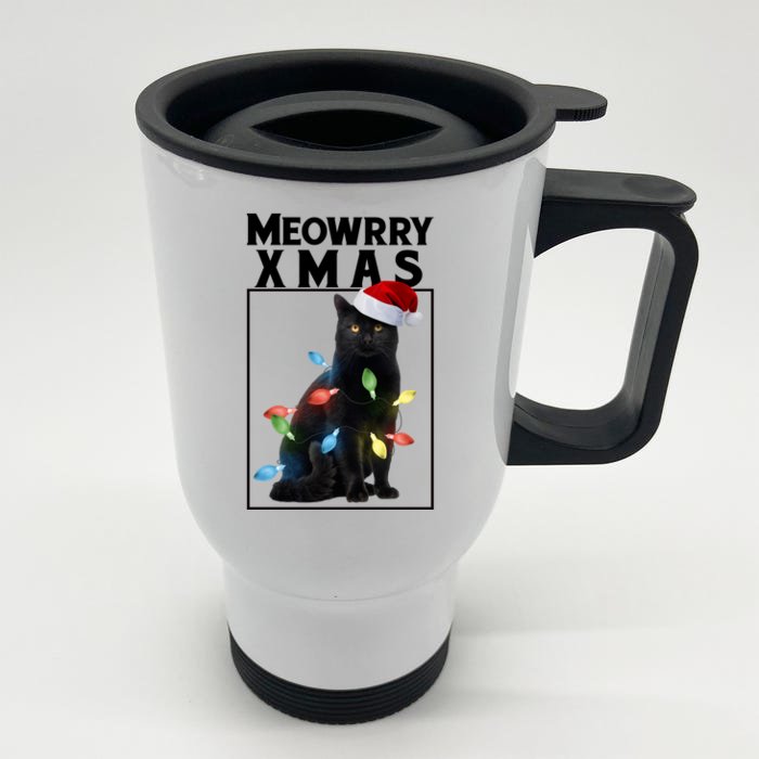 Meowy Christmas Cat With Lights And Santa Hat Front & Back Stainless Steel Travel Mug