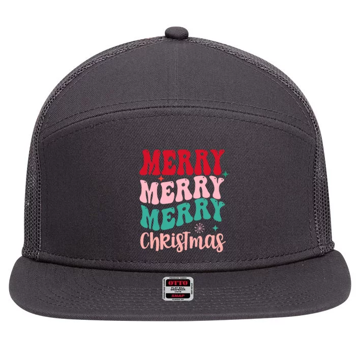 Merry Christmas Cute Holiday Groovy 7 Panel Mesh Trucker Snapback Hat