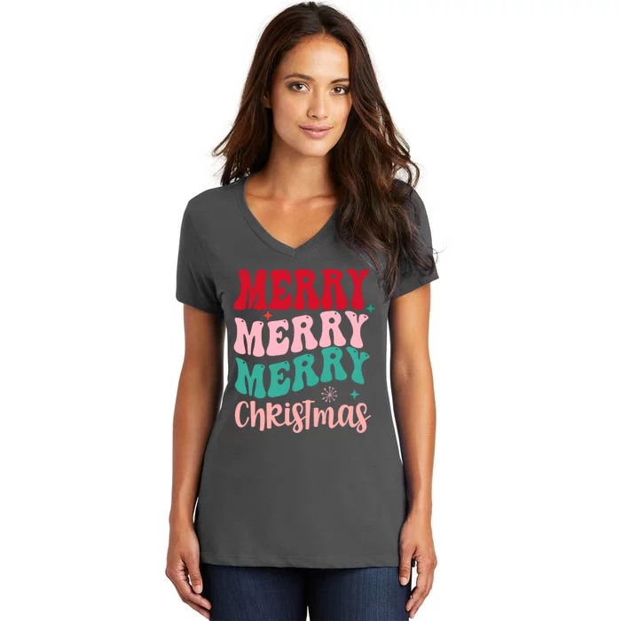 Merry Christmas Cute Holiday Groovy Women's V-Neck T-Shirt