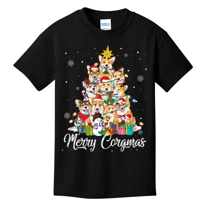 Merry Corgmas Corgi Christmas Tree Lights Santa Dog Lover Kids T-Shirt