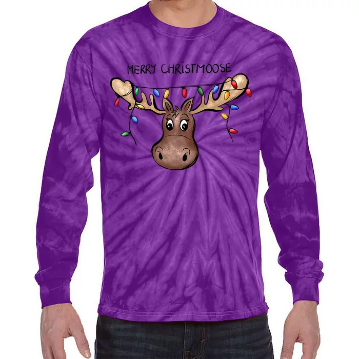 Merry Christmoose Christmas Moose Xmas Lover Holiday Lights Tie-Dye Long Sleeve Shirt