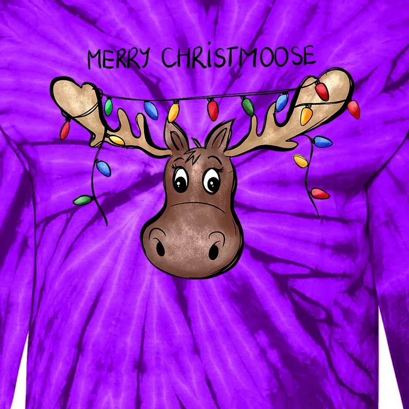 Merry Christmoose Christmas Moose Xmas Lover Holiday Lights Tie-Dye Long Sleeve Shirt