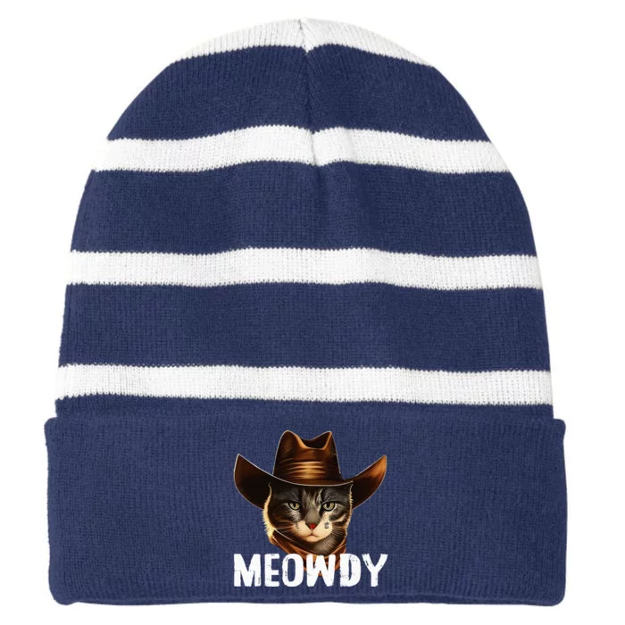 Meowdy Cat Cowboy Funny Cat Meme Striped Beanie with Solid Band