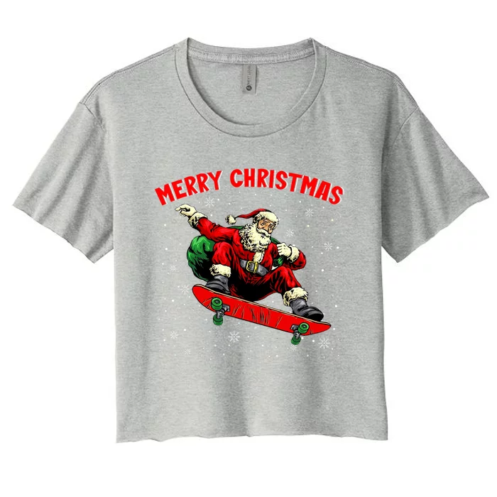 Merry Christmas Cool Christmas Santa Skateboarding Skater Women's Crop Top Tee