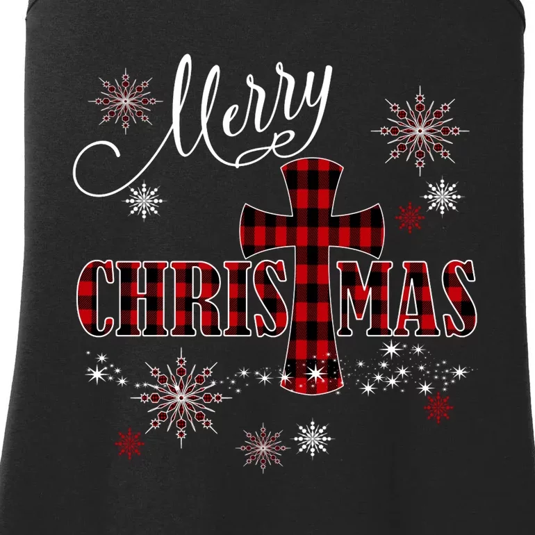 Merry Christmas Cross Buffalo Plaid Christian Holiday Gift Long Sleeve Ladies Essential Tank