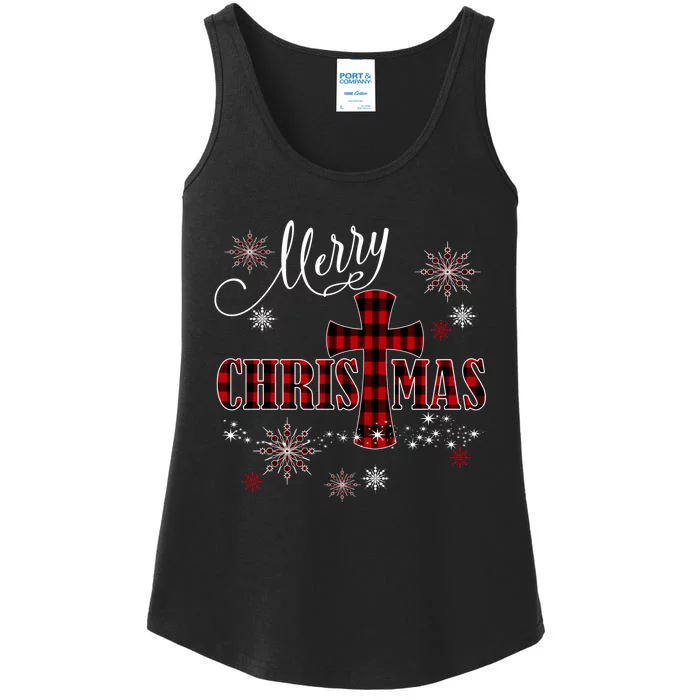 Merry Christmas Cross Buffalo Plaid Christian Holiday Gift Long Sleeve Ladies Essential Tank