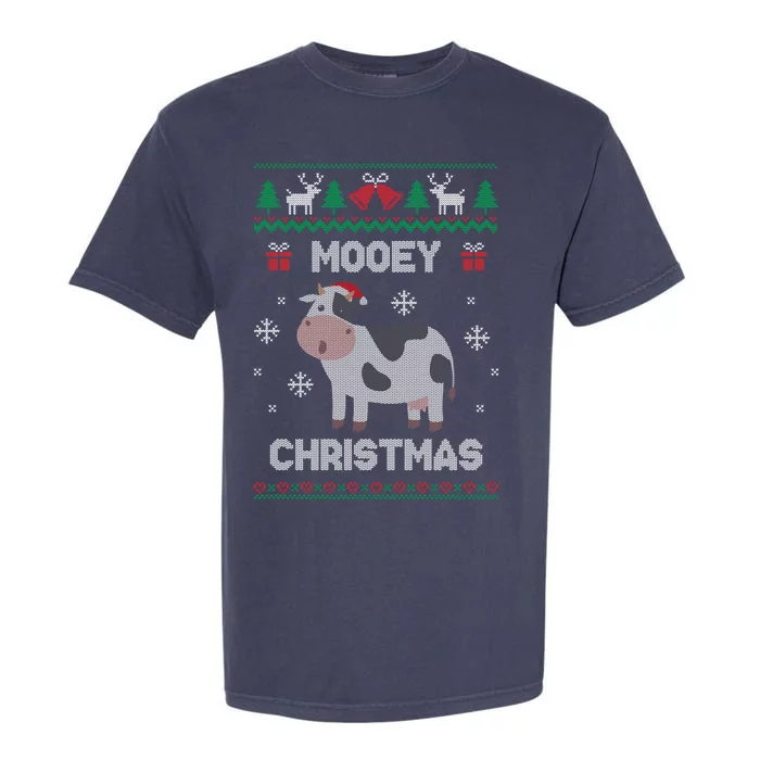 Mooey Christmas Cow Santa Claus Hat Ugly Christmas Sweater Gift Garment-Dyed Heavyweight T-Shirt