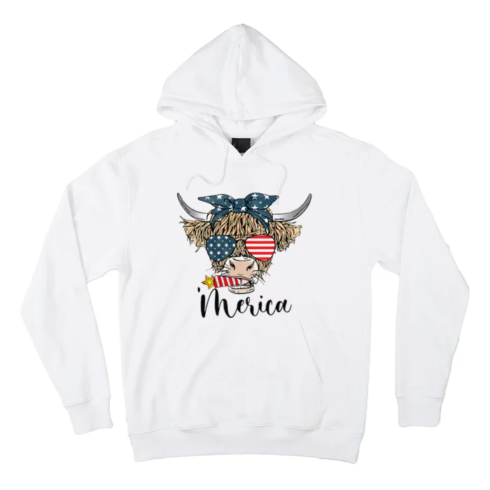 Merica Cow Cute Highland Cow With Bandana USA Fourth Of July Hoodie