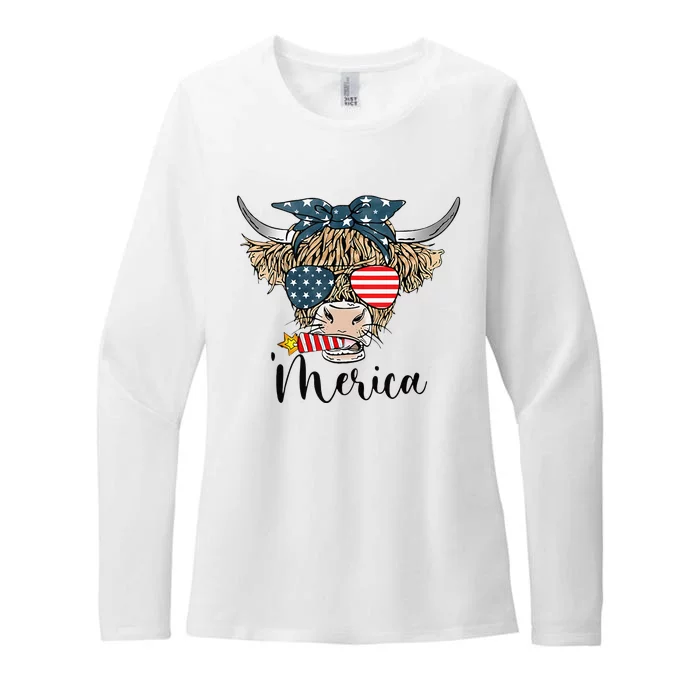 Merica Cow Cute Highland Cow With Bandana USA Fourth Of July Womens CVC Long Sleeve Shirt