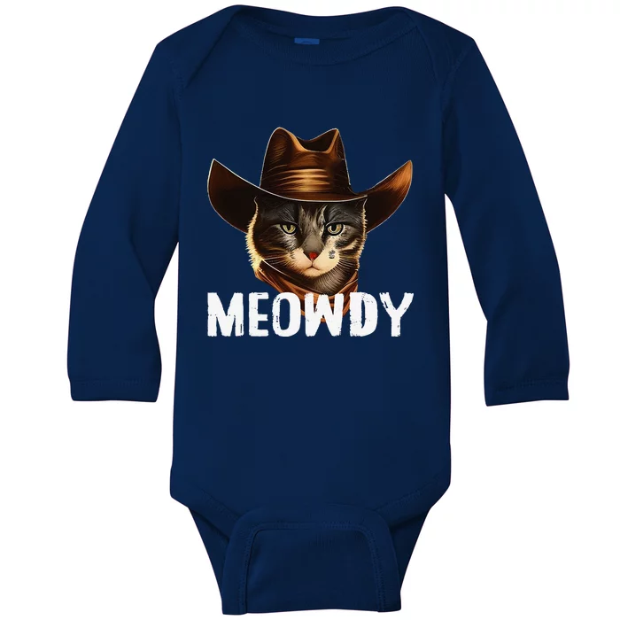 Meowdy Cat Cowboy Funny Cat Meme Baby Long Sleeve Bodysuit