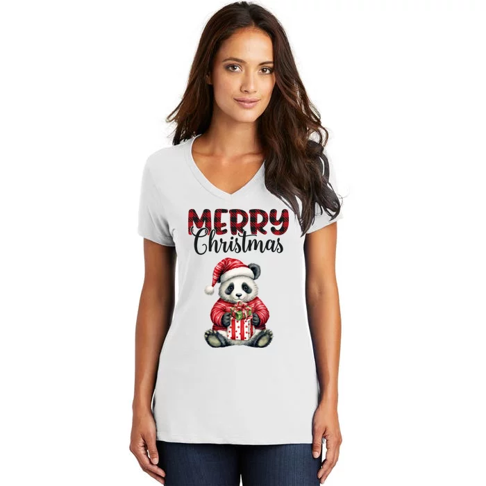 Merry Christmas Cute Winter Panda Festive Holiday Women's V-Neck T-Shirt