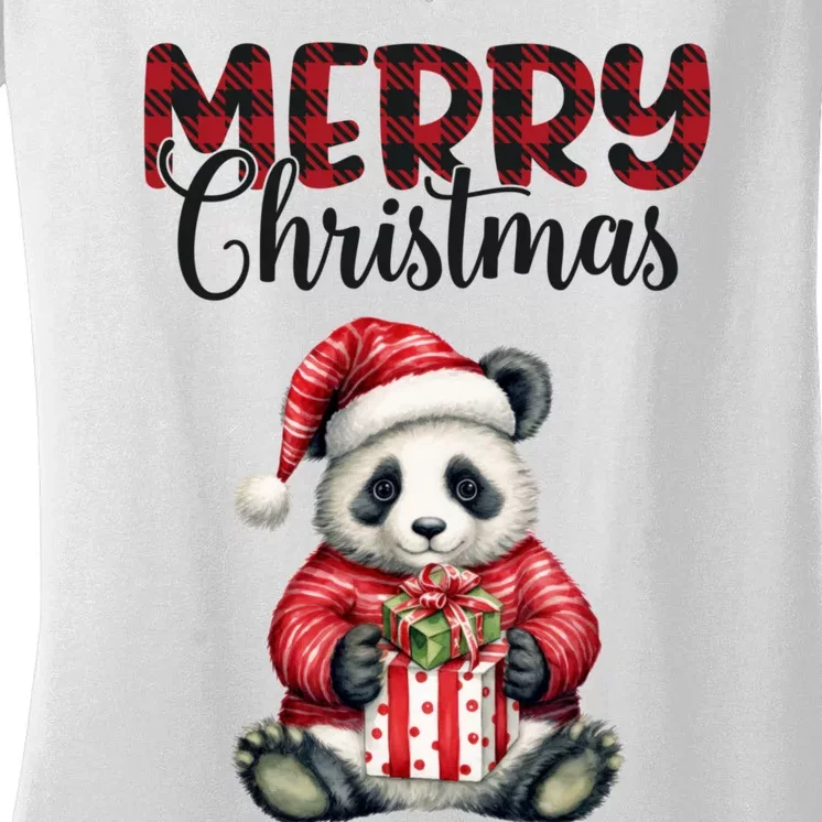 Merry Christmas Cute Winter Panda Festive Holiday Women's V-Neck T-Shirt