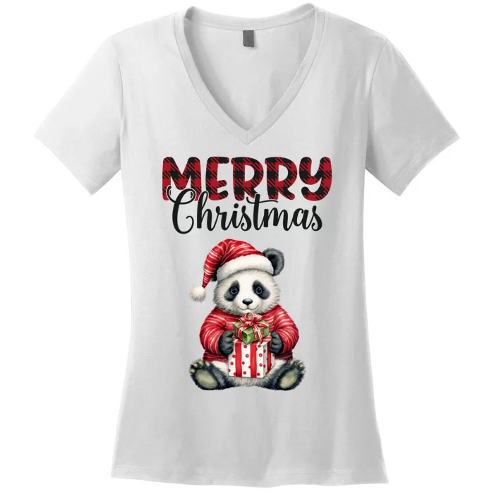 Merry Christmas Cute Winter Panda Festive Holiday Women's V-Neck T-Shirt