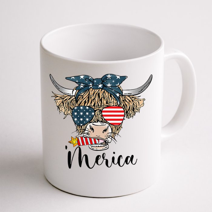 Merica Cow Cute Highland Cow With Bandana USA Fourth Of July Front & Back Coffee Mug