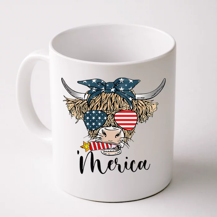 Merica Cow Cute Highland Cow With Bandana USA Fourth Of July Front & Back Coffee Mug