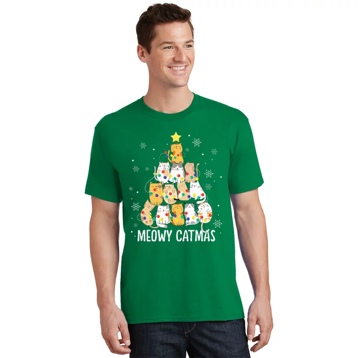 Meowy Catmas Cat Christmas Tree Lights Kitten Xmas Cat Lover T-Shirt