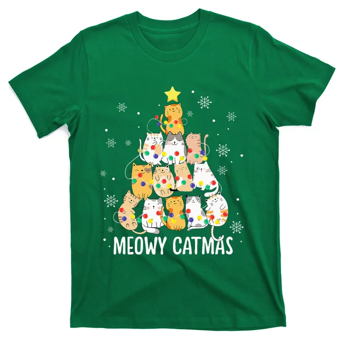 Meowy Catmas Cat Christmas Tree Lights Kitten Xmas Cat Lover T-Shirt