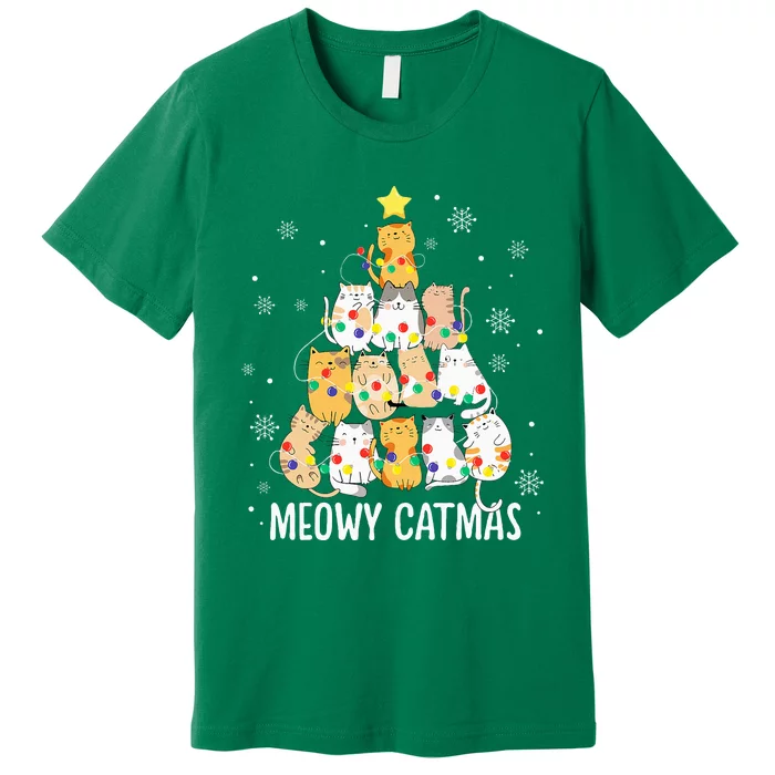 Meowy Catmas Cat Christmas Tree Lights Kitten Xmas Cat Lover Premium T-Shirt