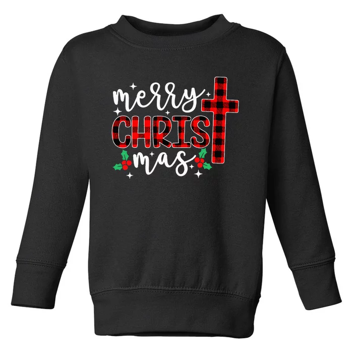 Merry Christmas Christian Cross Xmas Pajama Buffalo Plaid Toddler Sweatshirt