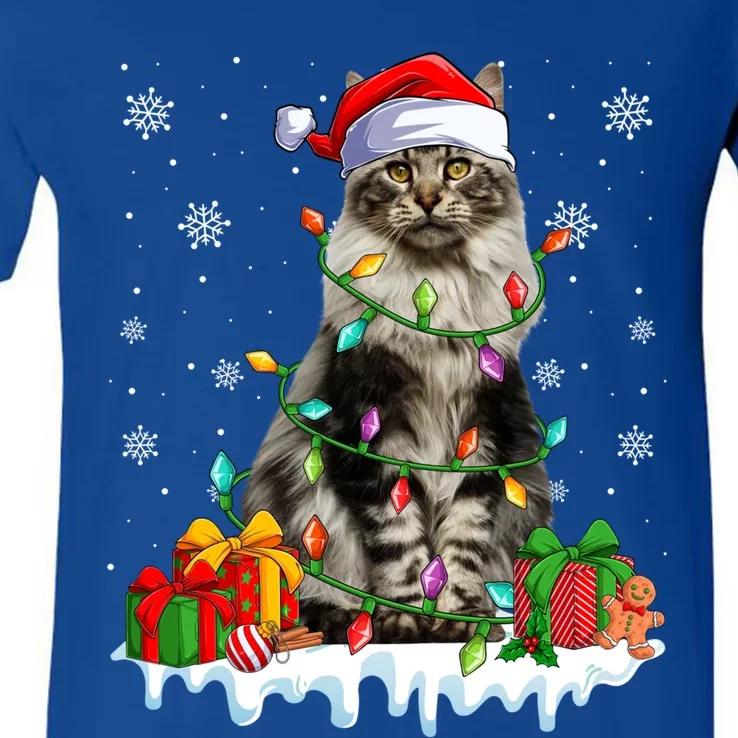 Maine Coon Cat Xmas Light Christmas Kitten Lover Funny Gift V-Neck T-Shirt