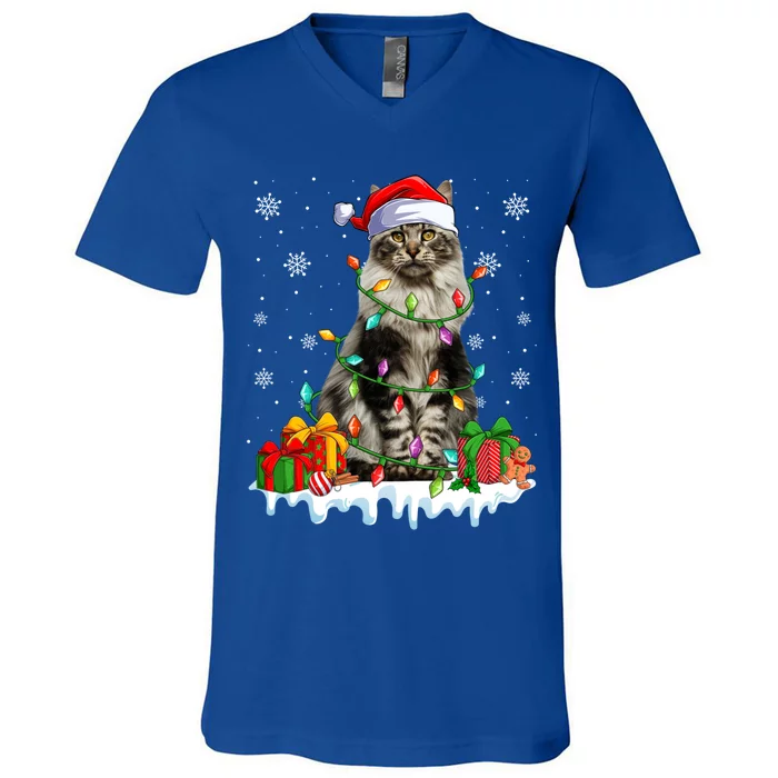 Maine Coon Cat Xmas Light Christmas Kitten Lover Funny Gift V-Neck T-Shirt