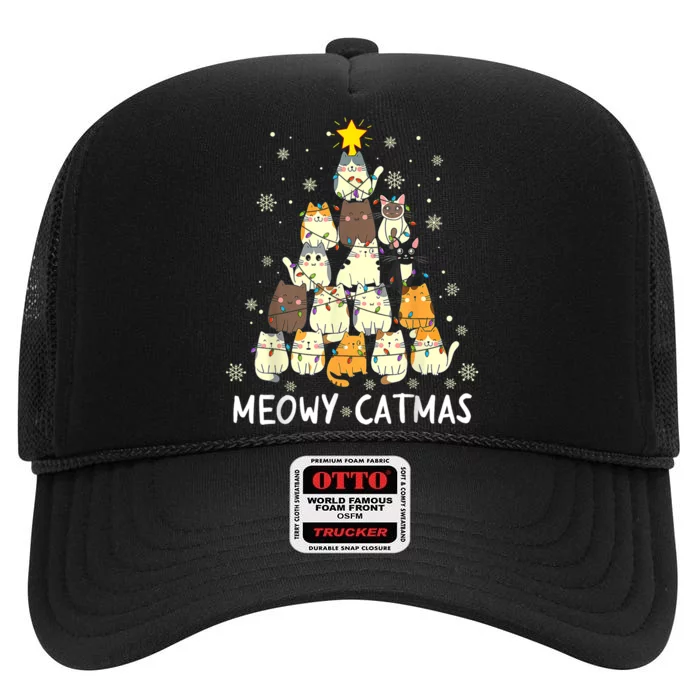 Meowy Catmas Cat Christmas Tree Xmas High Crown Mesh Trucker Hat