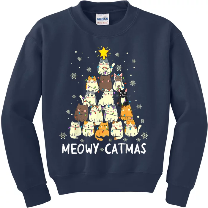 Meowy Catmas Cat Christmas Tree Xmas Kids Sweatshirt