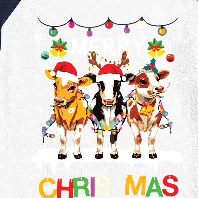 Merry Christmas Cow Farmer Santa Hat Xmas Lights Baseball Sleeve Shirt