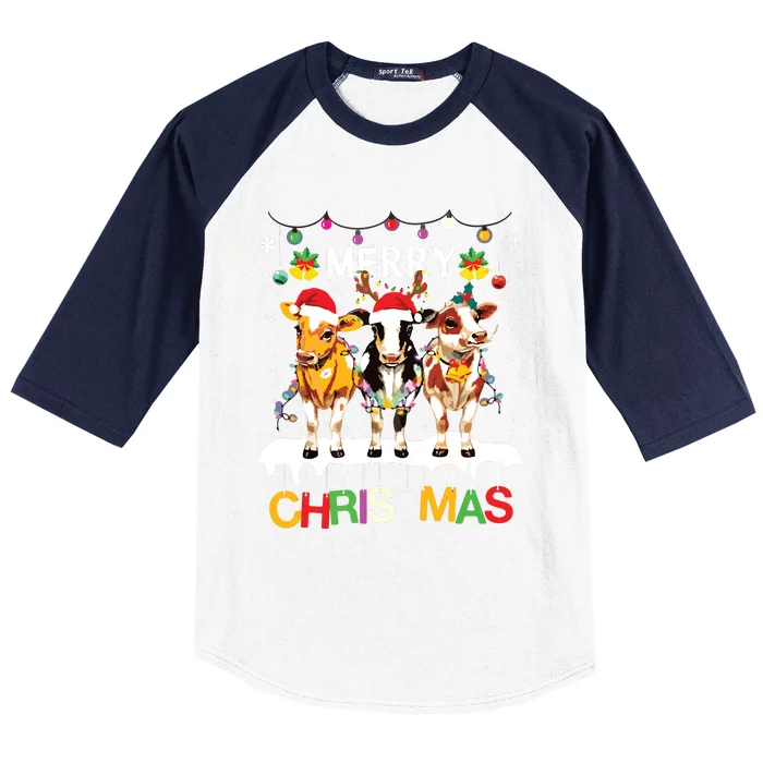 Merry Christmas Cow Farmer Santa Hat Xmas Lights Baseball Sleeve Shirt