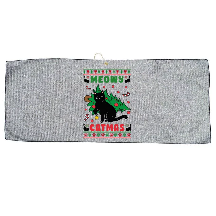 Meowy Catmas Cute Kawaii Cat Christmas Tree Ugly Sweater Large Microfiber Waffle Golf Towel